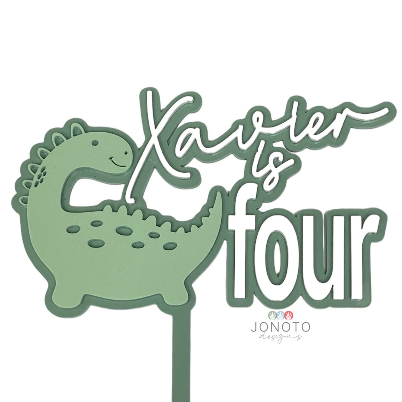 Personalised birthday cake topper with dinosaur design