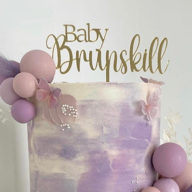 Personalised baby shower cake topper in gold mirror acrylic