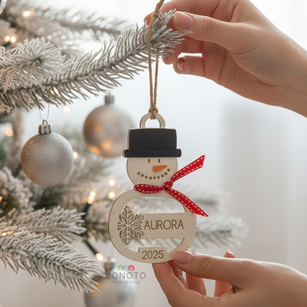 Wooden snowman ornament with 'Aurora 2025' on a Christmas tree.