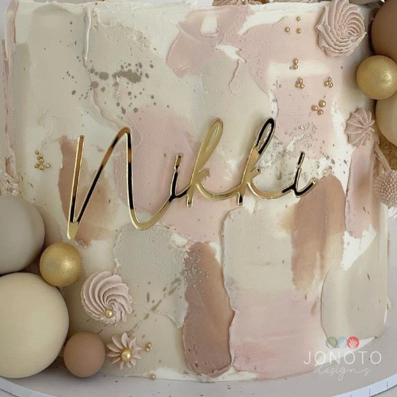 stylish name cake topper in mirror gold acrylic