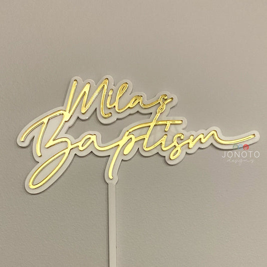 Personalised baptism cake topper in gold