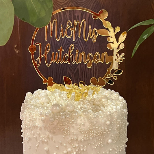 Personalised wedding cake topper in gold mirror acrylic