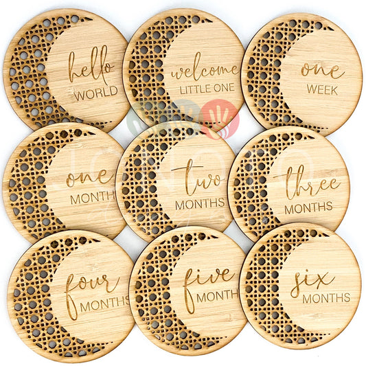 baby milestone discs with rattan moon design