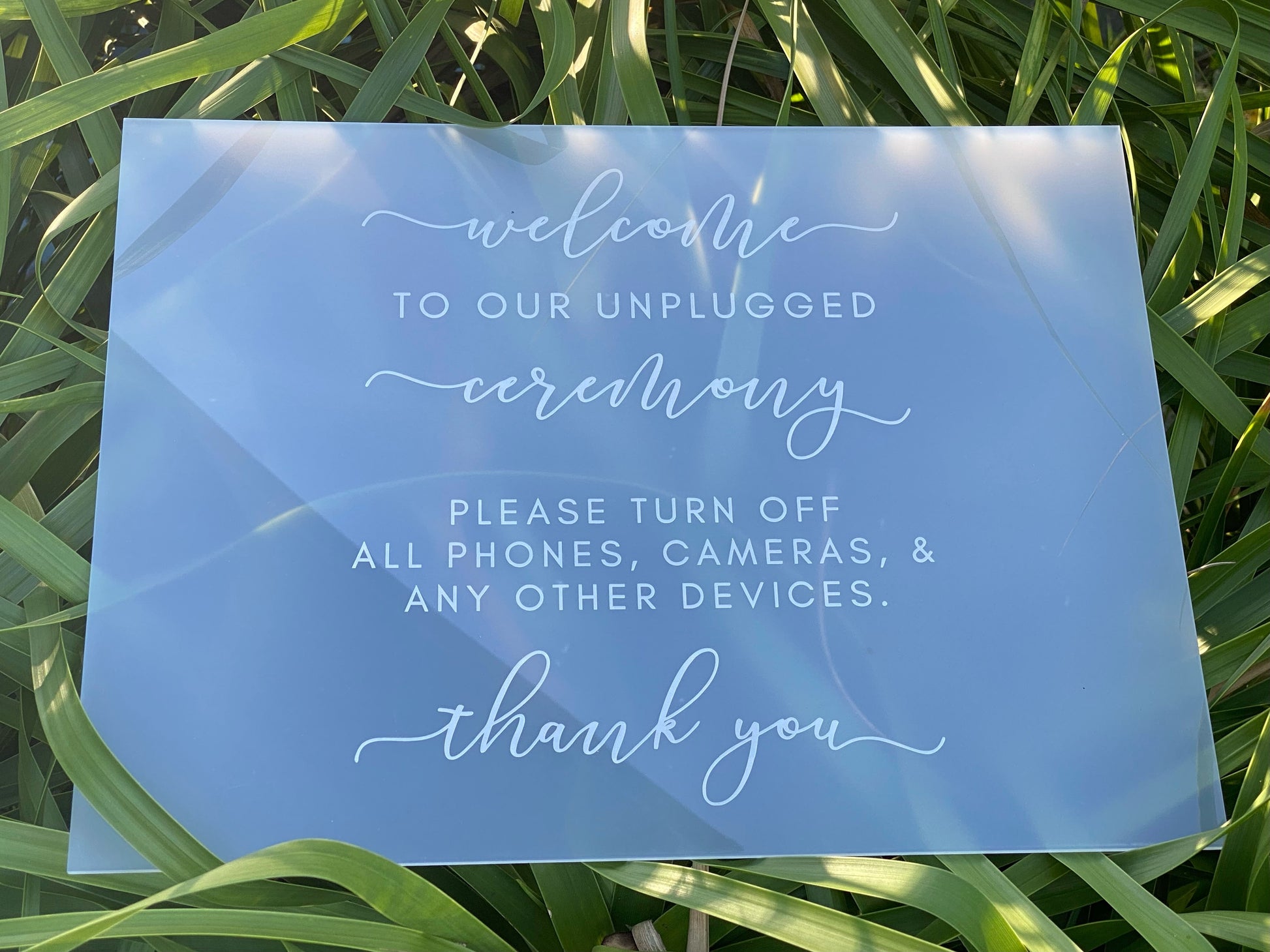Frosted acrylic sign with laser engraved design, perfect to display for your unplugged wedding ceremony